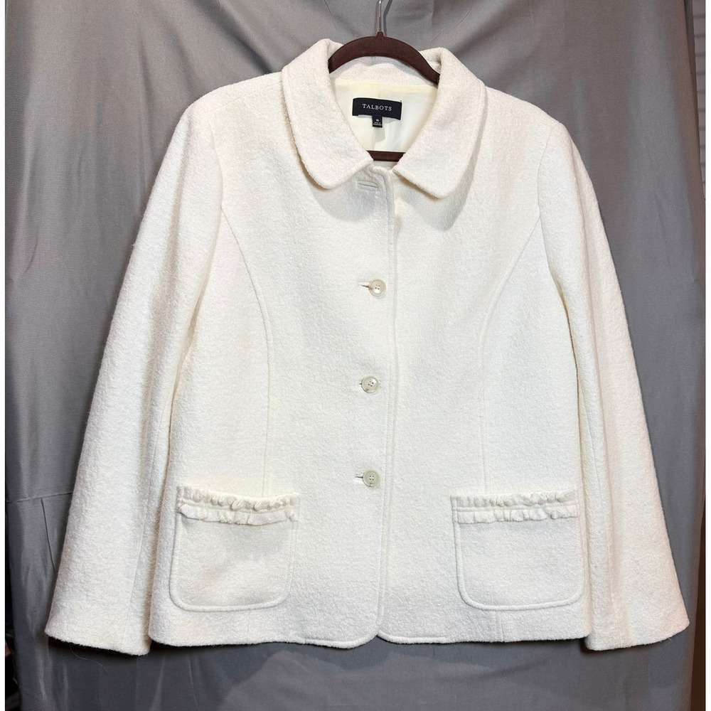 Grandma Talbots Women Ivory Wool Blend Ruffle Pocket Jacket Blazer Cream Size 16